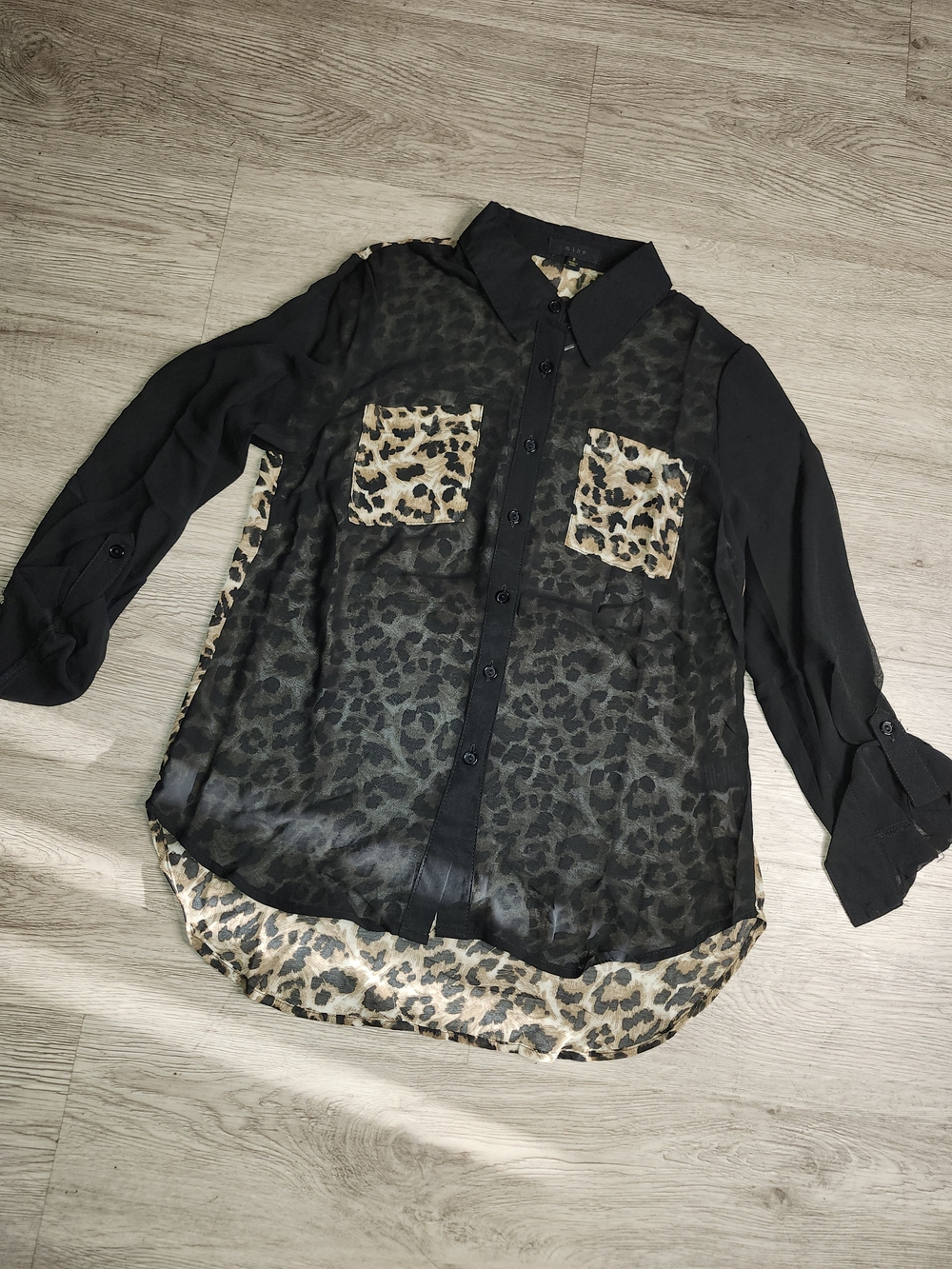 mine Sheer Black Leopard Print Button-Up Blouse